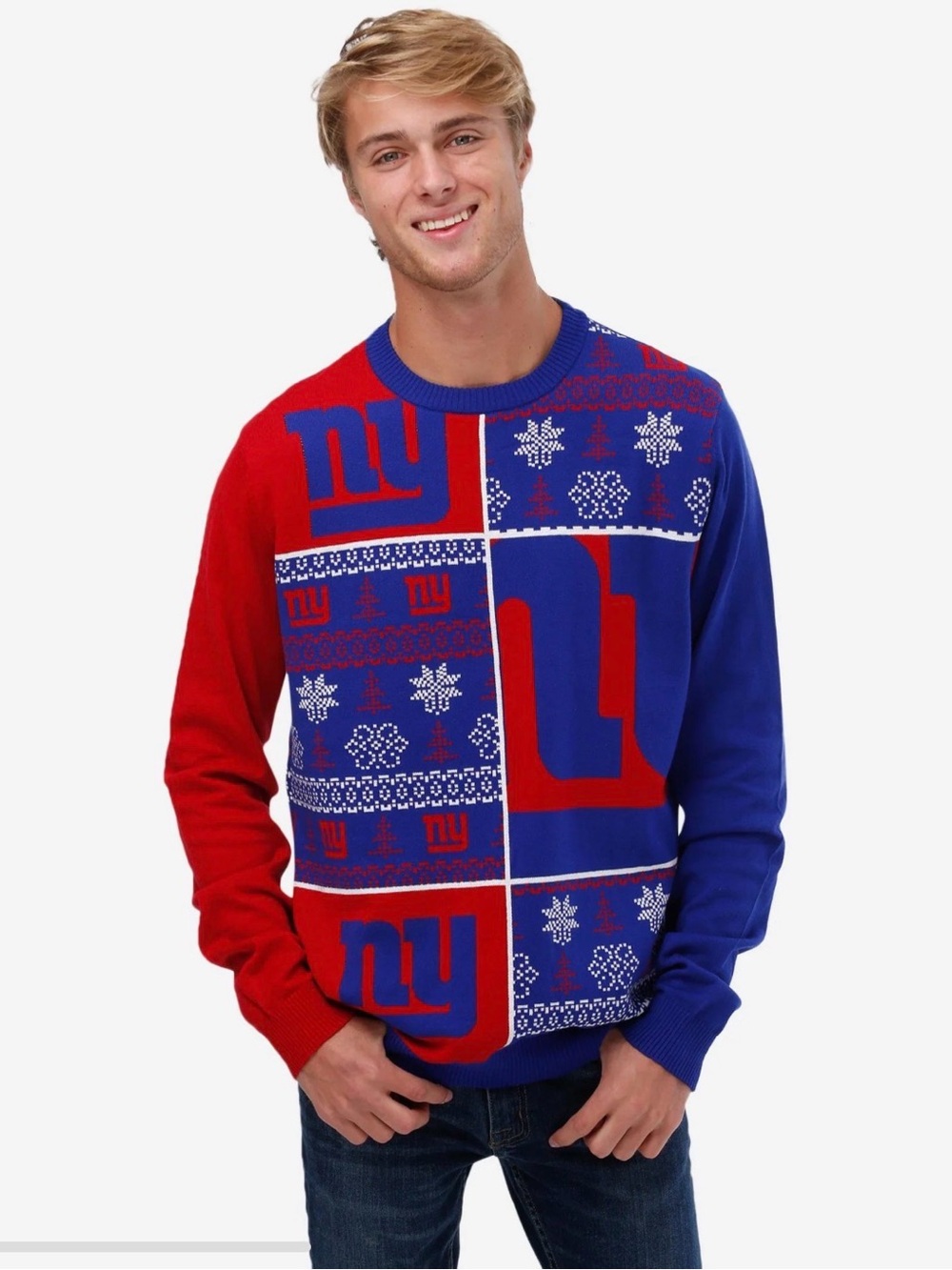 New York Giants Red and Royal Blue Patchwork Holiday Crewneck Sweater